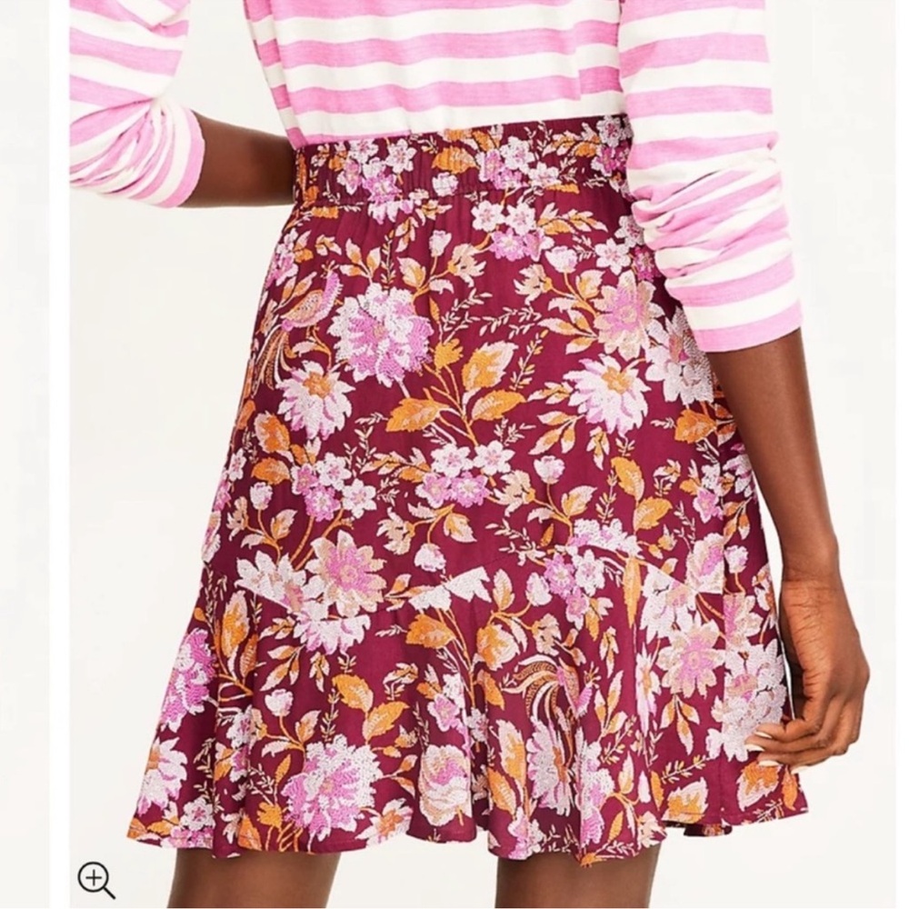 LOFT Floral burgundy Pink Orange tiered flippy flouncy Skirt size XS - Picture 3 of 7